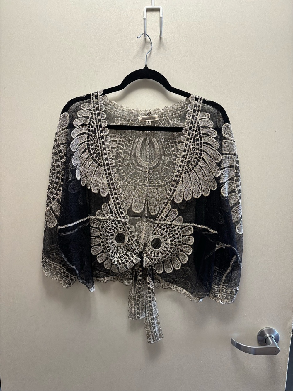 Sheer Boho Black Crochet Tie-Front Top with Cream Embroidery